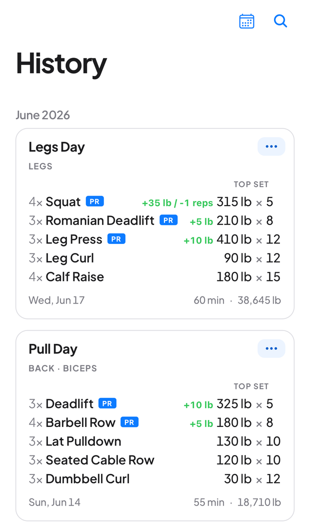 Workout history page with per-exercise top sets and PR badges